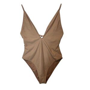 Tan Forever 21 One-Piece Swimsuit With Plunge Neckline & Crisscross Back Straps